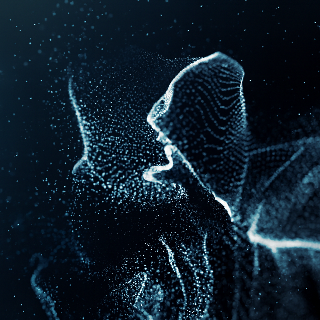 Rappresentazione astratta di particelle luminose che formano una figura fluida su sfondo scuro, simbolo di tecnologia avanzata e innovazione digitale