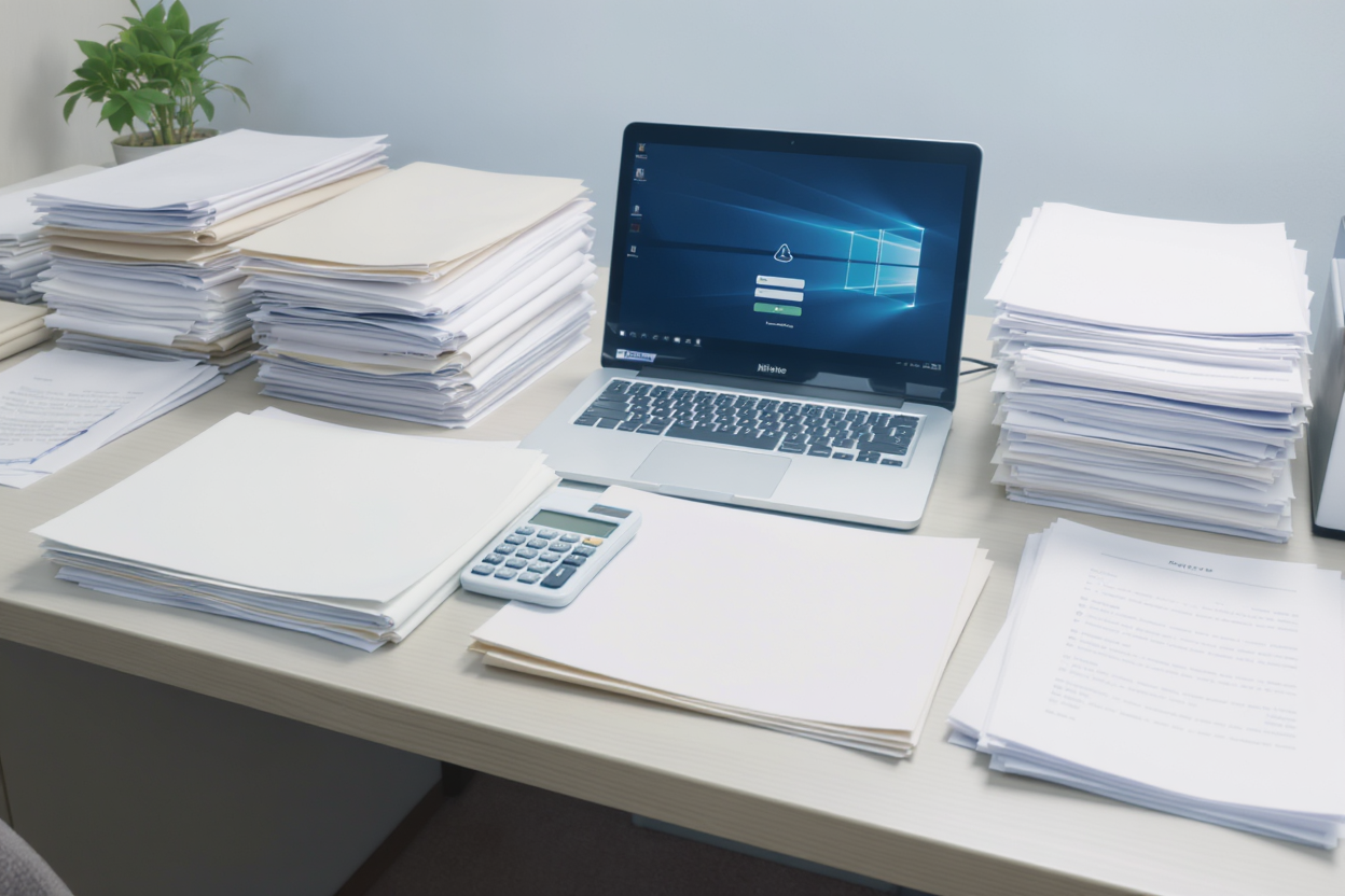 Una scrivania con un laptop, una calcolatrice e pile di documenti, simbolo di gestione e organizzazione del lavoro