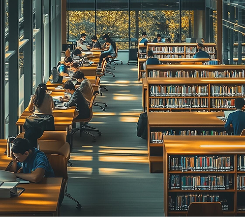 Biblioteca moderna con studenti che studiano e lavorano su laptop, simbolo di apprendimento collaborativo e accesso alla conoscenza
