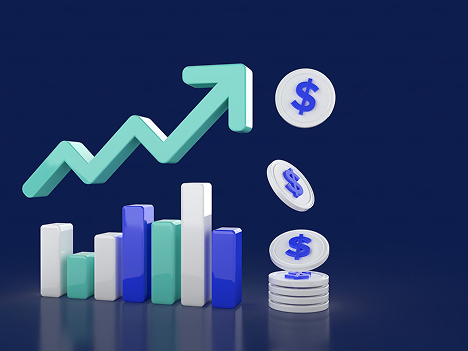Grafico che mostra una crescita economica con barre e monete, simbolo di successo finanziario.