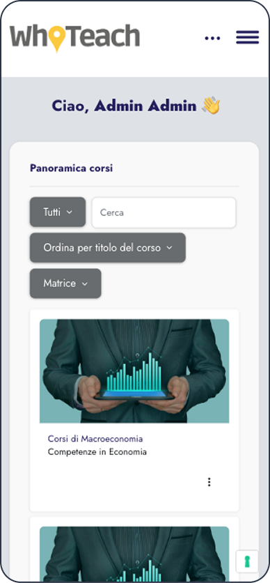 Dashboard di amministrazione di WhoTeach con panoramica dei corsi e opzioni di ordinamento, simbolo di gestione centralizzata